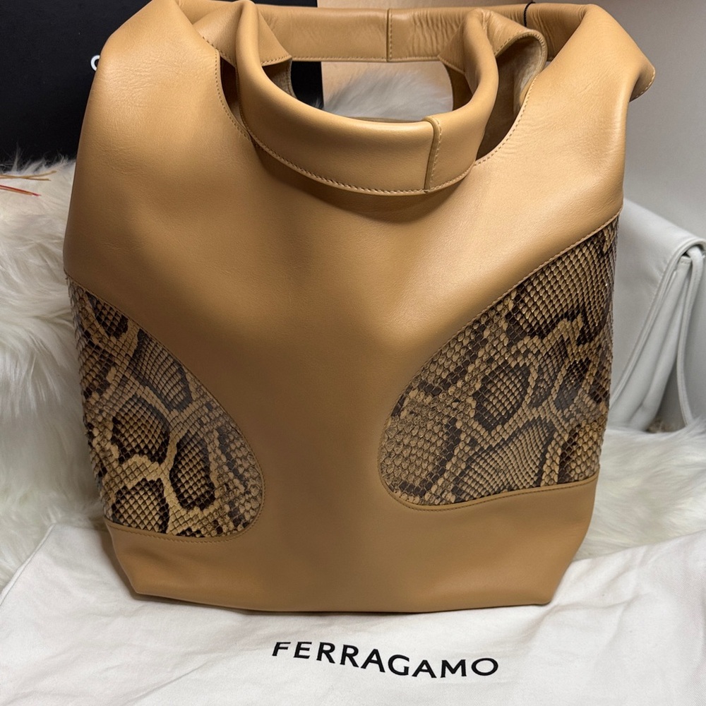Salvatore Ferragamo Camel Leather Tote with Snake-Print Insets